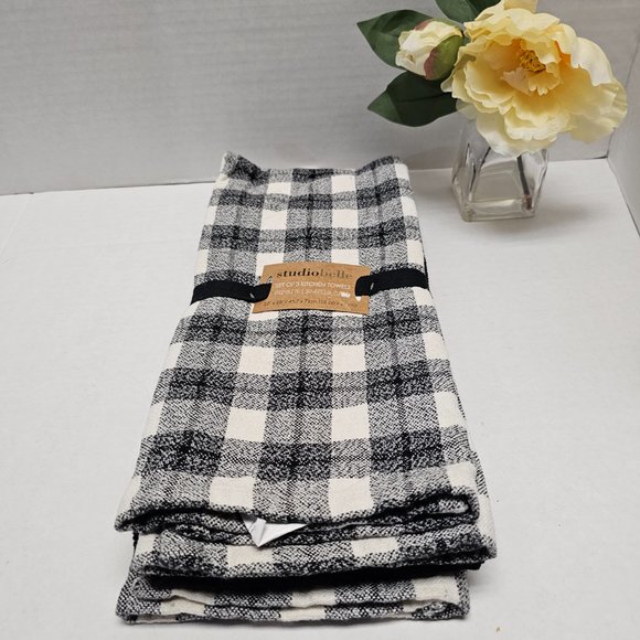 3 New Kitchen Towels Black White Gray Plaid Check Stripe Studio Belle 18 X 28 - Picture 10 of 12